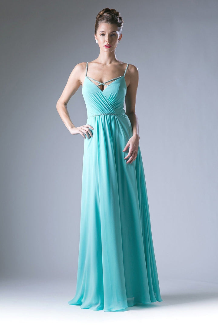 Ruched V-Neck Spaghetti Strap Evening Dress by Cinderella Divine CH522-Long Formal Dresses-ABC Fashion