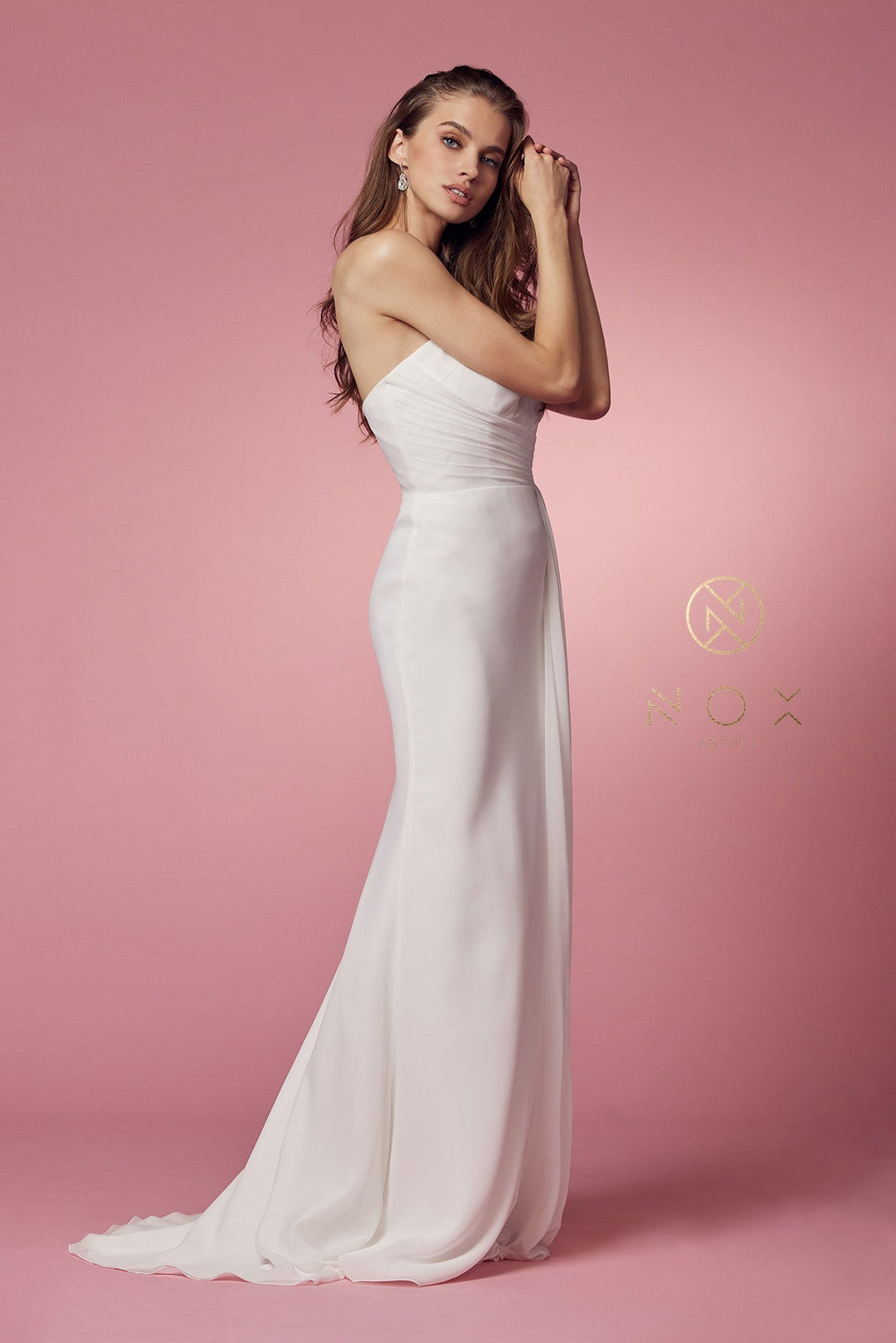 Ruched White One Shoulder Gown by Nox Anabel E1005W