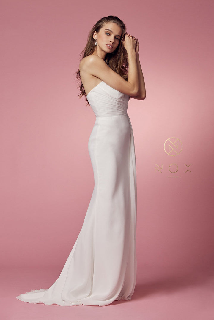 Ruched White One Shoulder Gown by Nox Anabel E1005W