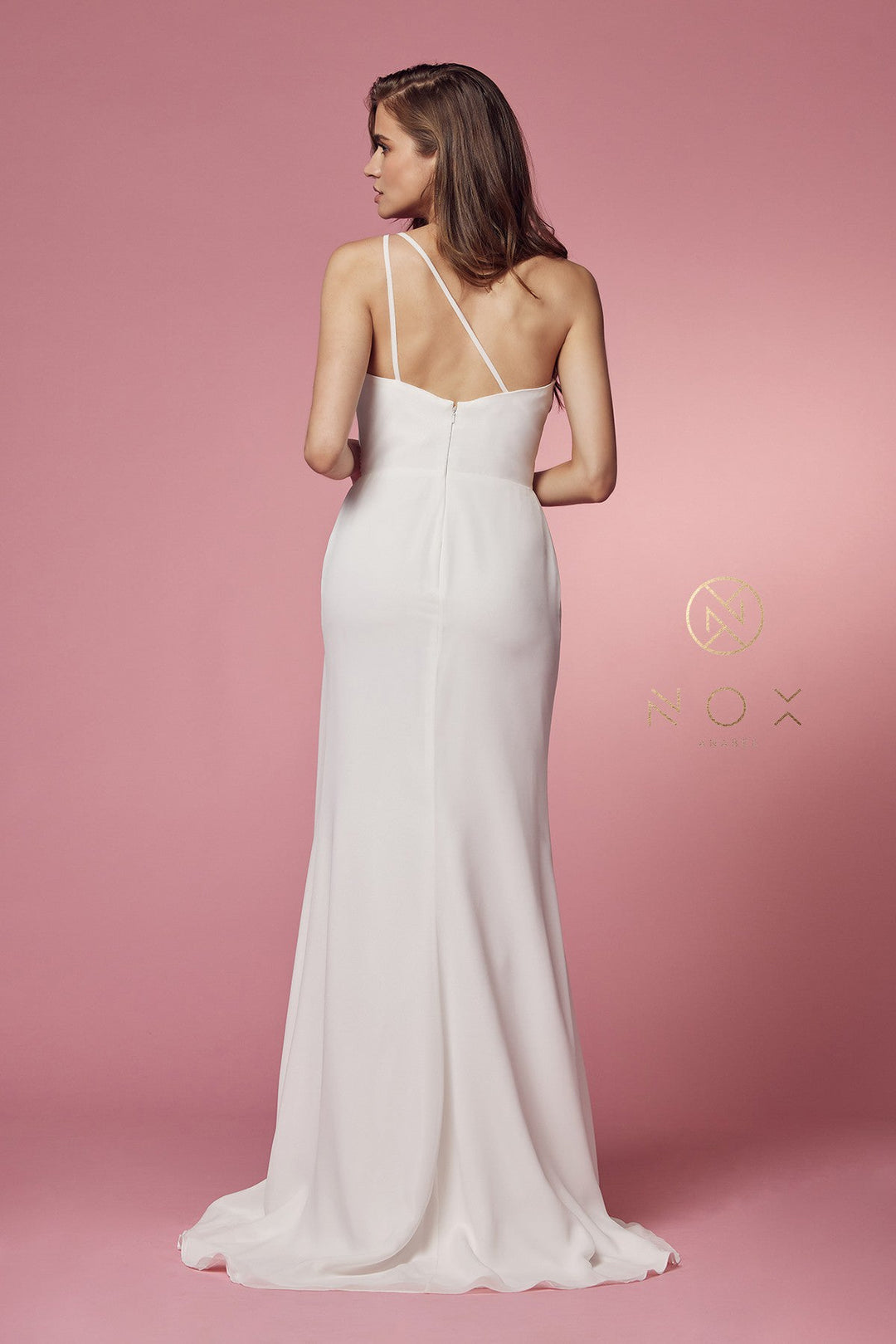 Ruched White One Shoulder Gown by Nox Anabel E1005W