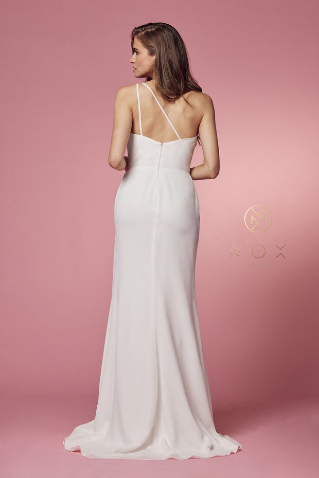 Ruched White One Shoulder Gown by Nox Anabel E1005W