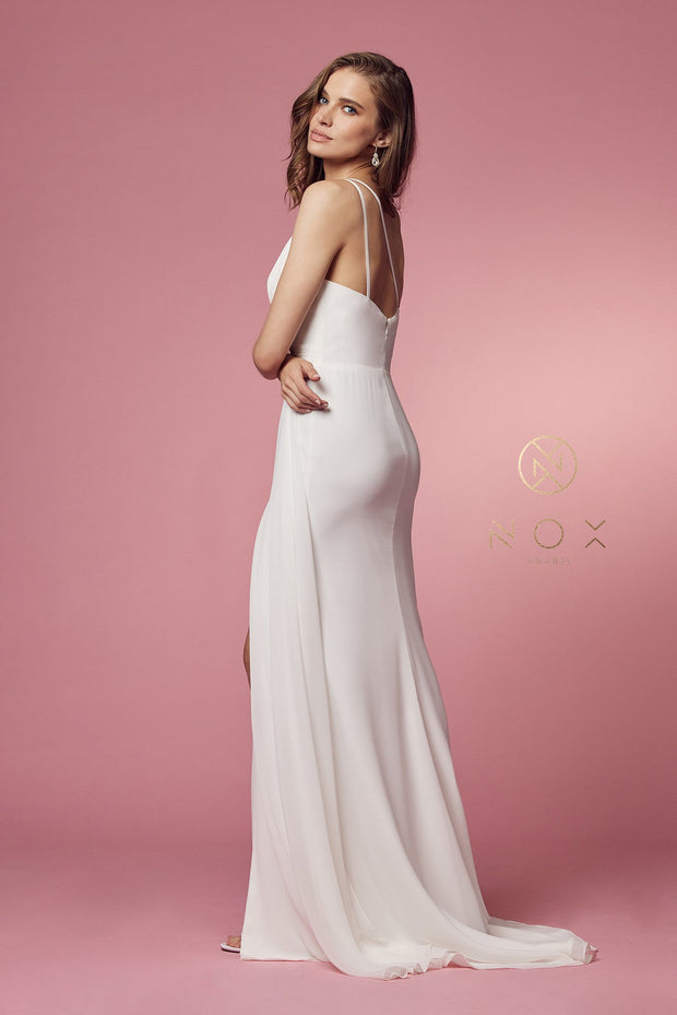 Ruched White One Shoulder Gown by Nox Anabel E1005W