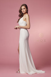 Ruched White One Shoulder Gown by Nox Anabel E1005W
