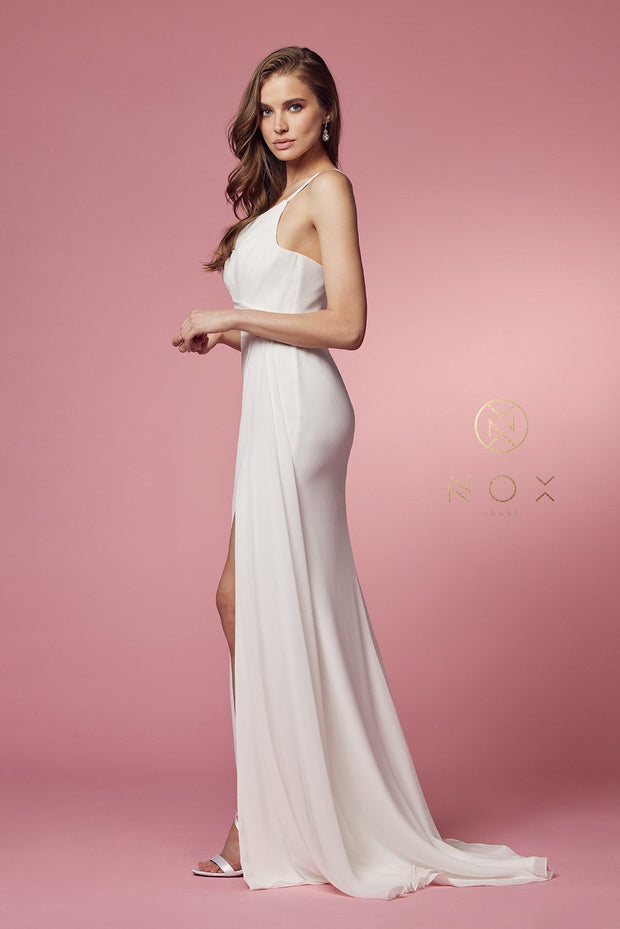 Ruched White One Shoulder Gown by Nox Anabel E1005W