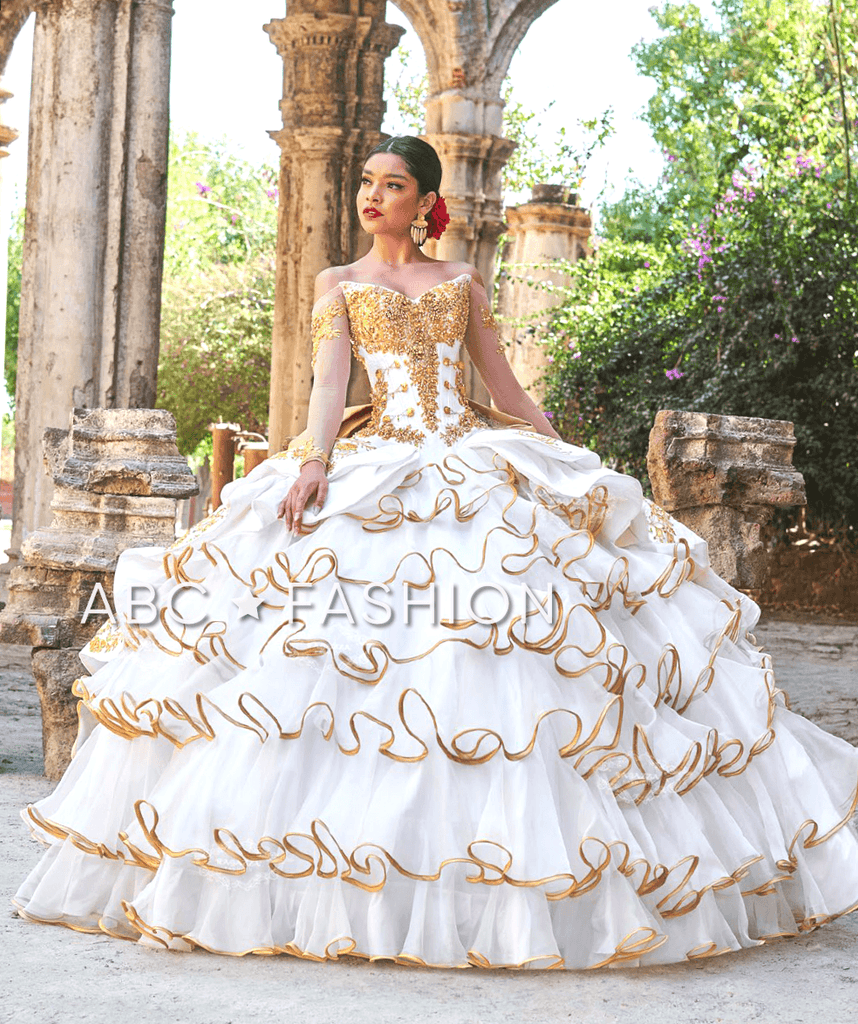 Ruffled Charro Quinceanera Dress by Ragazza M29-129 11 / Ivory/Gold