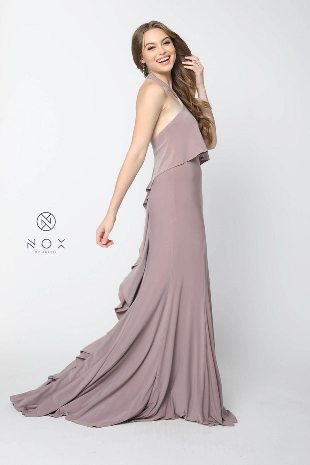 Ruffled Long Halter Dress with Train by Nox Anabel Q132