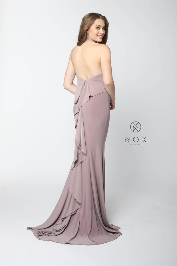 Ruffled Long Halter Dress with Train by Nox Anabel Q132