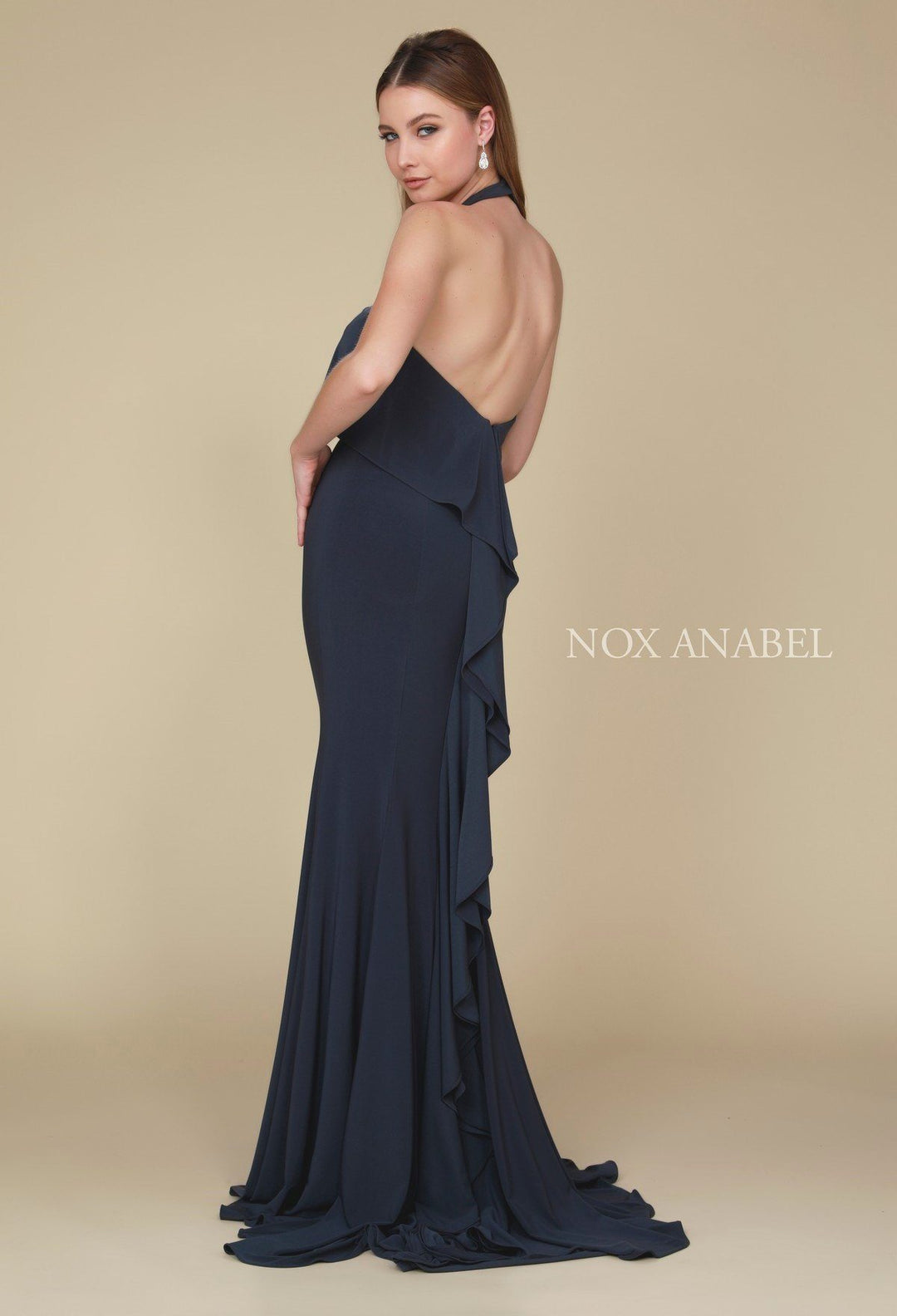 Ruffled Long Halter Dress with Train by Nox Anabel Q132-Long Formal Dresses-ABC Fashion