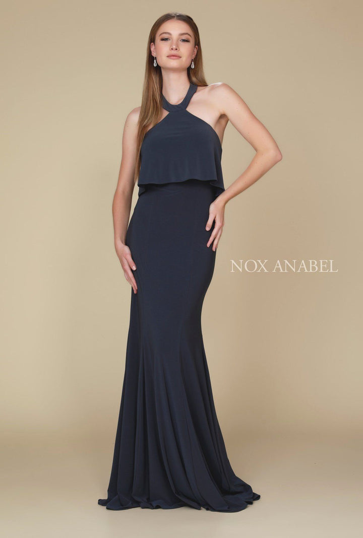 Ruffled Long Halter Dress with Train by Nox Anabel Q132-Long Formal Dresses-ABC Fashion