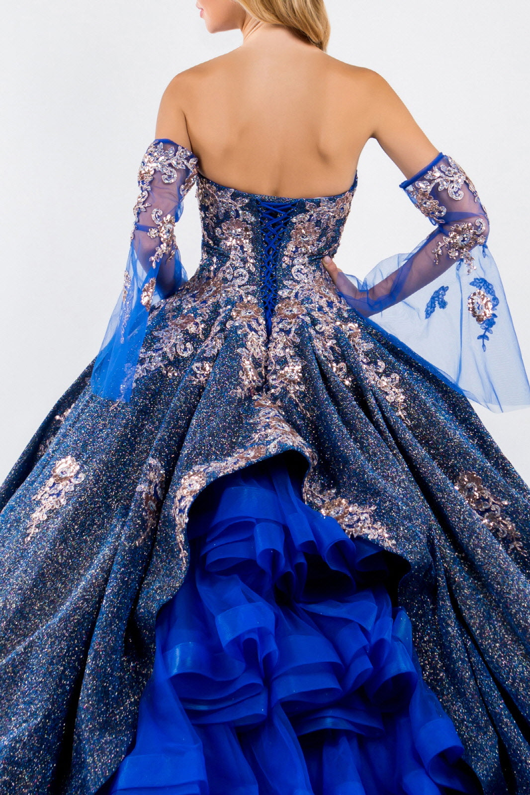 Ruffled Metallic Glitter Ball Gown by Elizabeth K GL1912 XS / Royal Blue