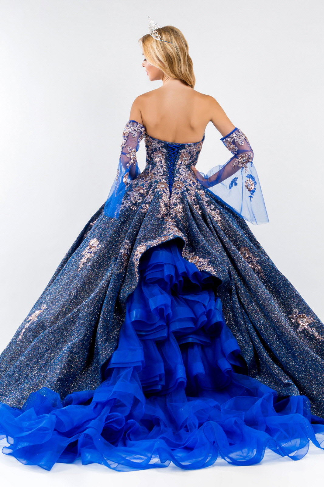 Ruffled Metallic Glitter Ball Gown by Elizabeth K GL1912 XS / Royal Blue