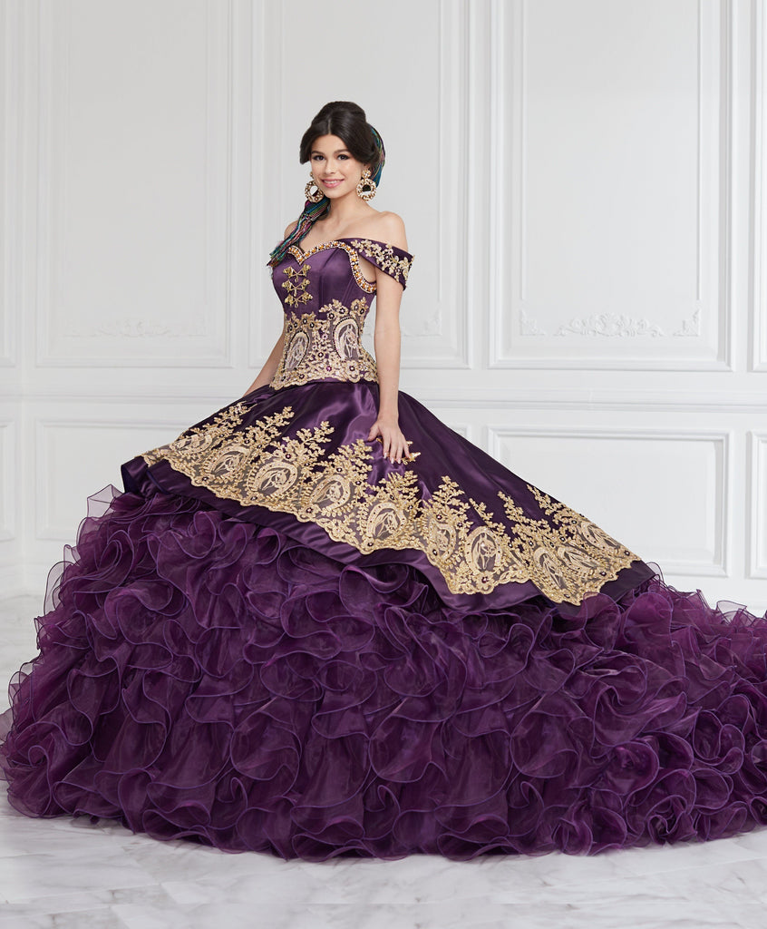 Ruffled Off Shoulder Charro Quinceanera Dress by LA Glitter 24063 6 / Plum/Gold Ruffled Off Shoulder Charro Quinceanera Dress by LA Glitter 24063 6 / Plum/Gold