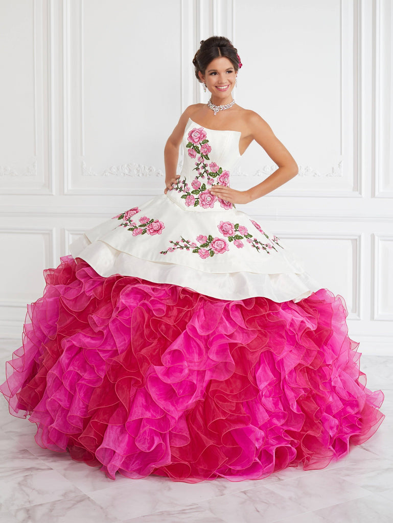 Off The Shoulder Ball Gown With Red Floral Flowers – Quinceanera Prom Wedding Dress, Cap Sleeves, White
