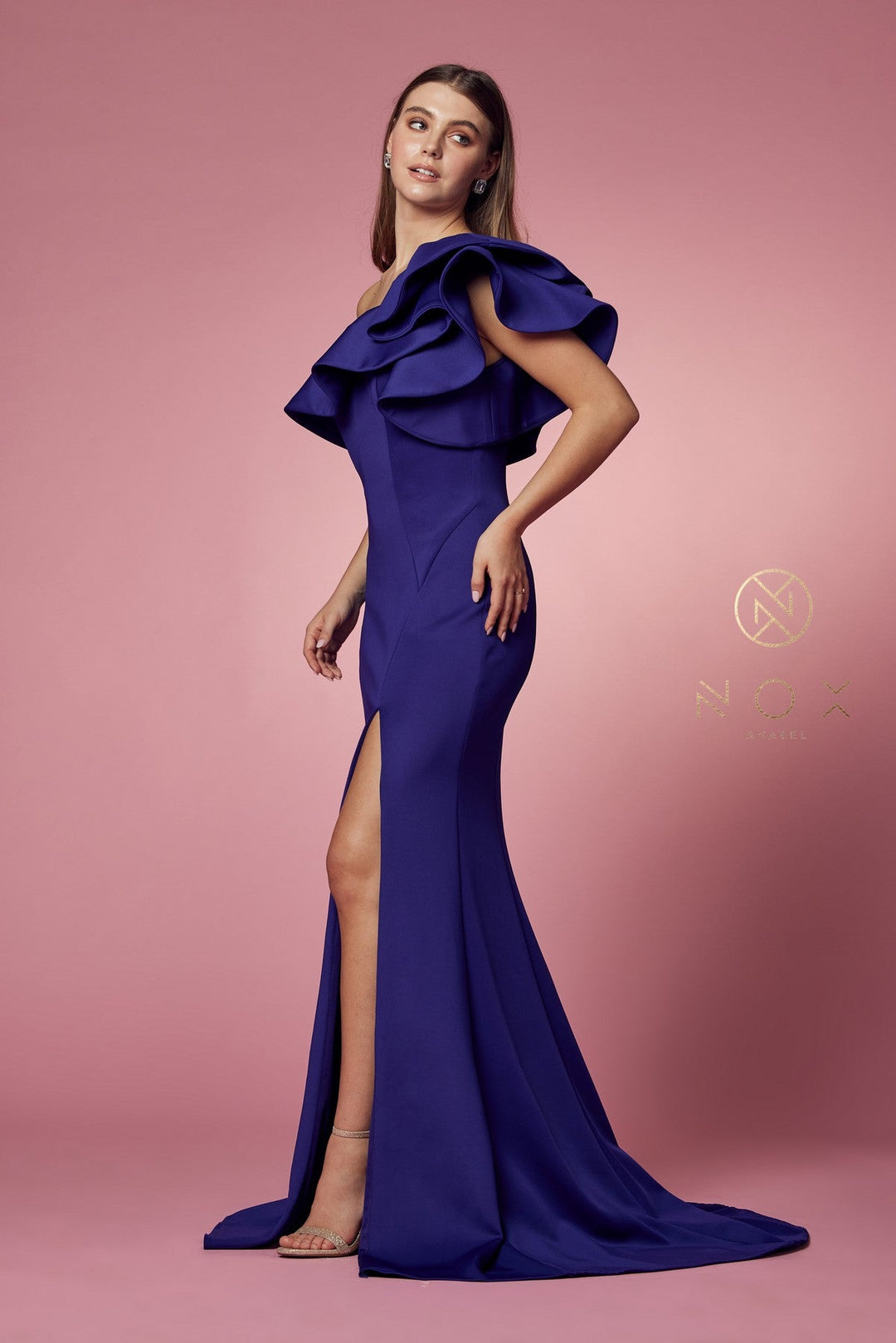 Ruffled One Shoulder Gown by Nox Anabel E467