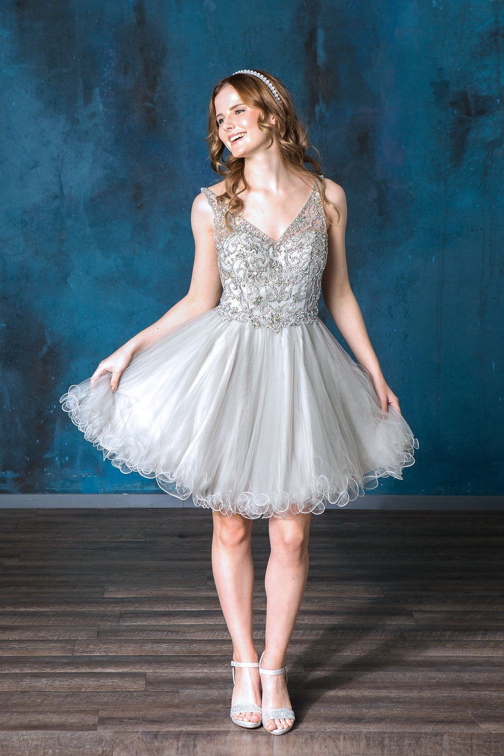 Ruffled Short V-Neck Tulle Dress by Calla KY72071