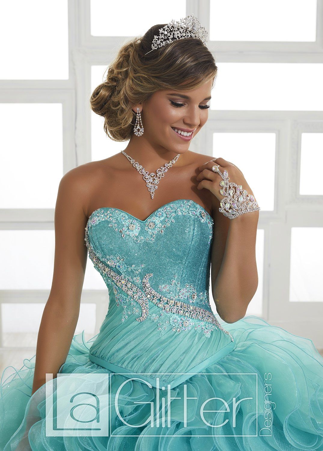 Ruffled Strapless Two Piece Dress by House of Wu La Glitter 24025 8 Aqua