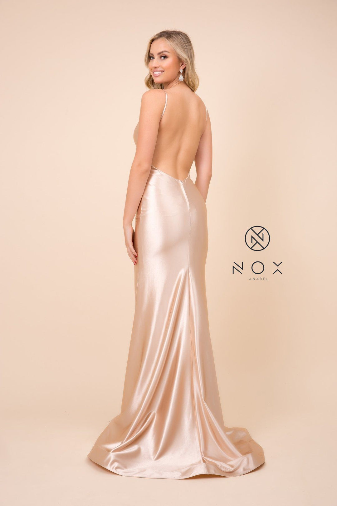 Satin Long V-Neck Dress with Open Back by Nox Anabel C227
