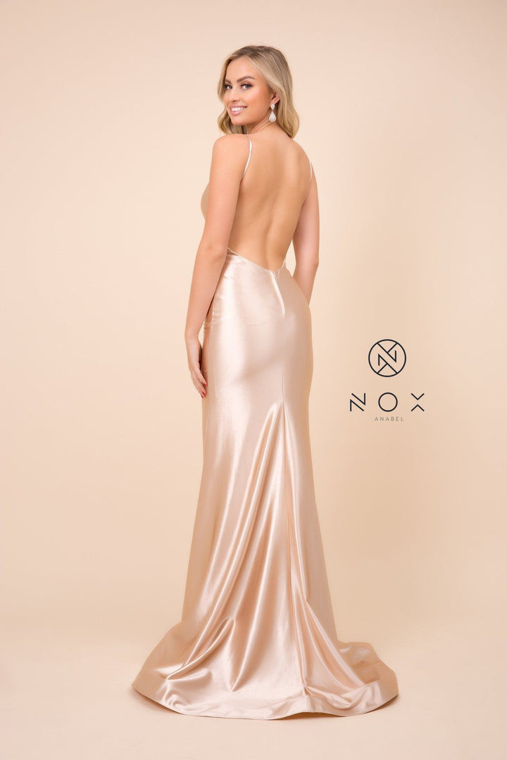 Satin Long V-Neck Dress with Open Back by Nox Anabel C227