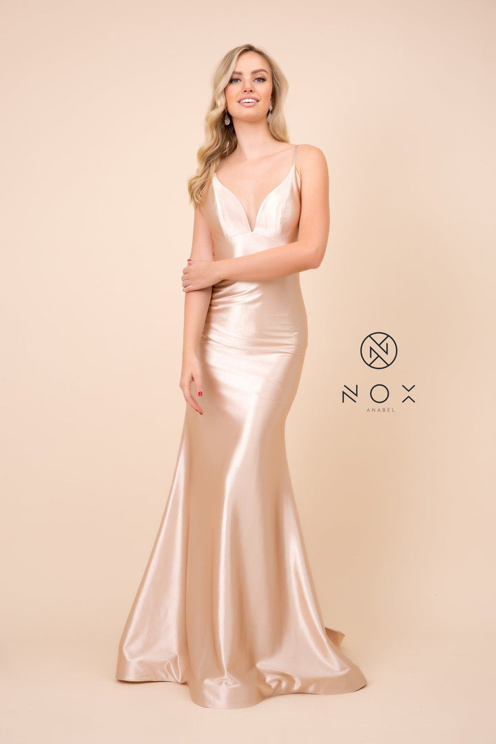 Satin Long V-Neck Dress with Open Back by Nox Anabel C227