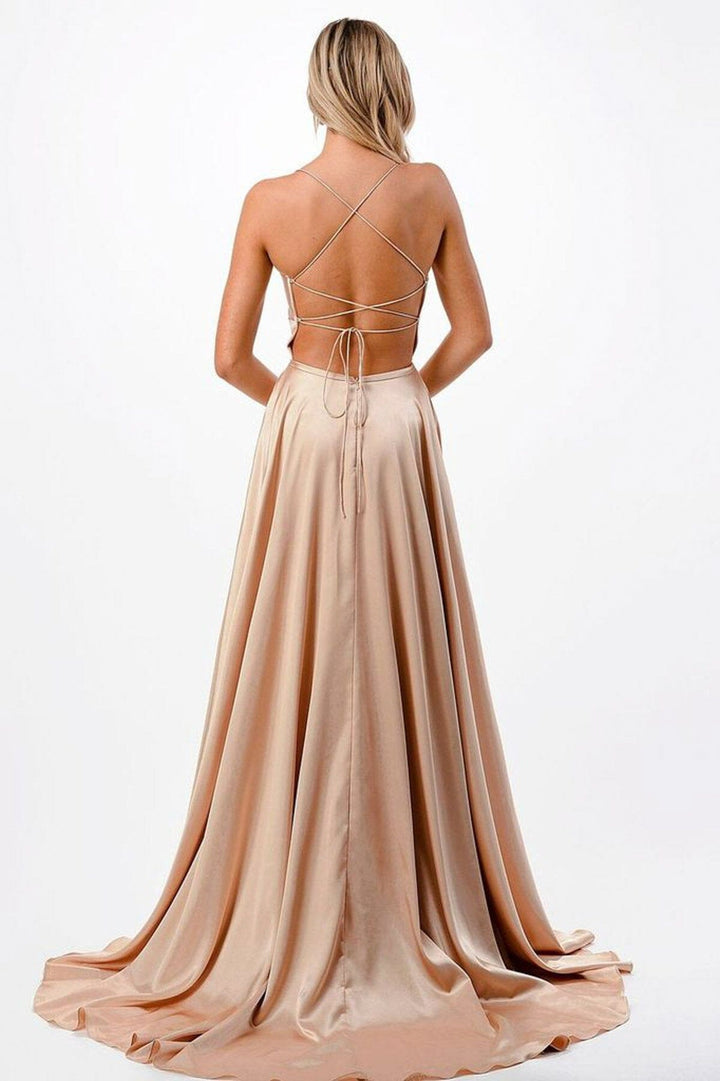 Satin Twist Front Slit Gown by Coya P2216