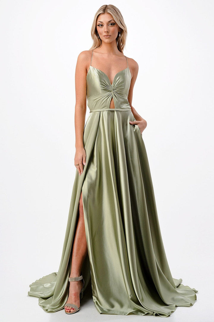 Satin Twist Front Slit Gown by Coya P2216