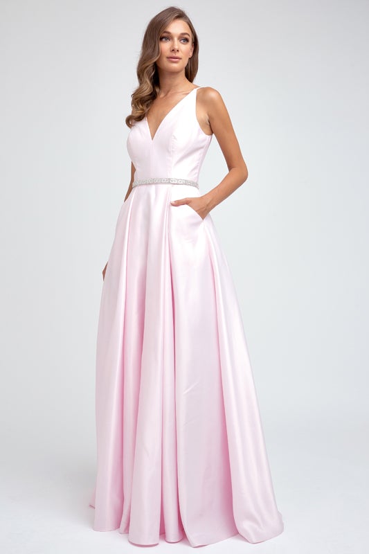 Satin V-Neck Ball Gown by Juliet 696