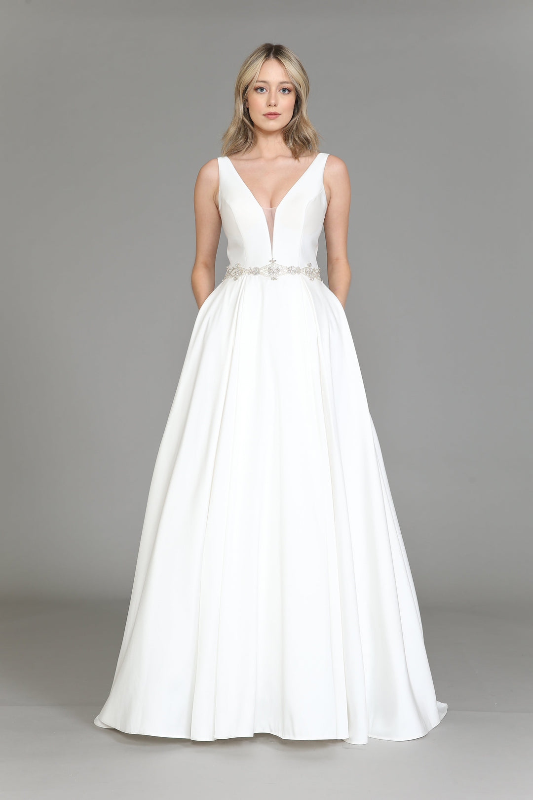 Satin V-Neck Wedding Dress by Poly USA 8498 – ABC Fashion Satin V-Neck Wedding Dress by Poly USA 8498 – ABC Fashion