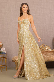 Sequin A-line Corset Slit Gown by Elizabeth K GL3132