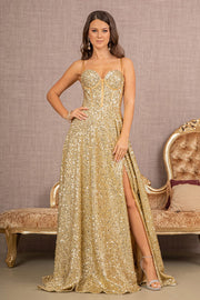 Sequin A-line Corset Slit Gown by Elizabeth K GL3132
