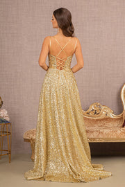 Sequin A-line Corset Slit Gown by Elizabeth K GL3132