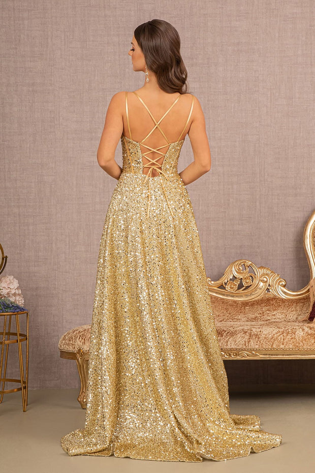 Sequin A-line Corset Slit Gown by Elizabeth K GL3132