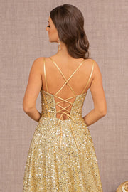Sequin A-line Corset Slit Gown by Elizabeth K GL3132