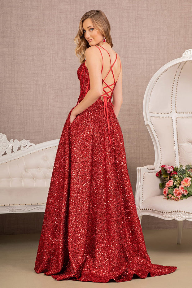 Sequin A-line Corset Slit Gown by Elizabeth K GL3132
