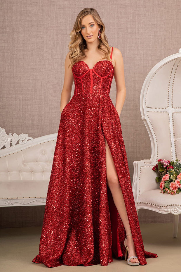 Sequin A-line Corset Slit Gown by Elizabeth K GL3132