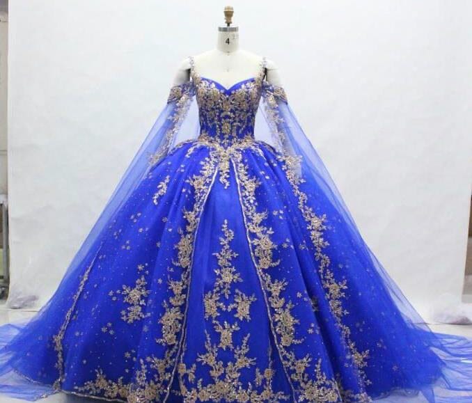 Sequin Applique Cape Sleeve Ball Gown by Petite Adele PQ1007