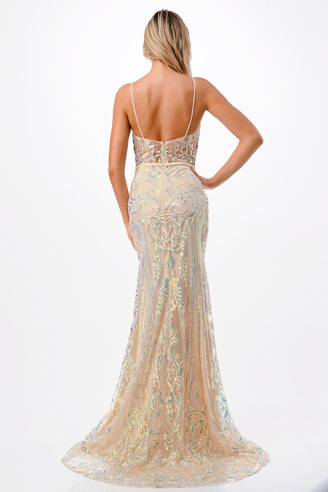 Sequin Applique Fitted Sleeveless Gown by Coya P2116