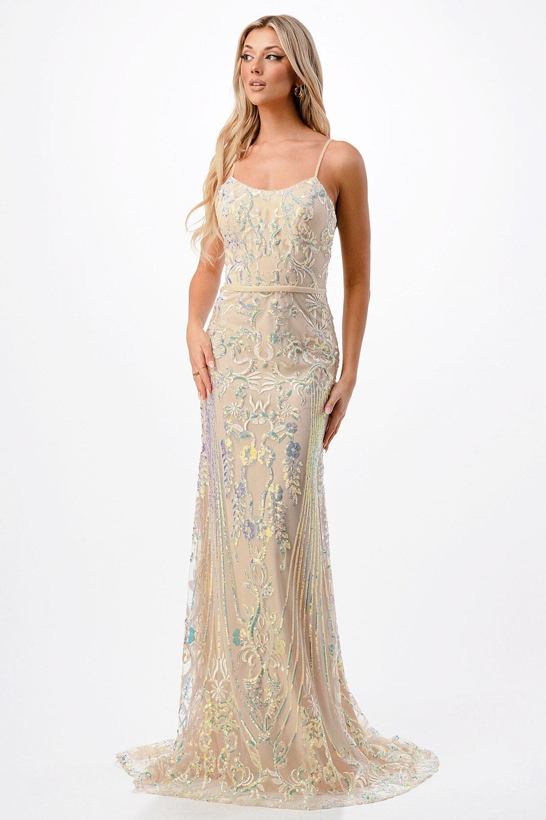 Sequin Applique Fitted Sleeveless Gown by Coya P2116