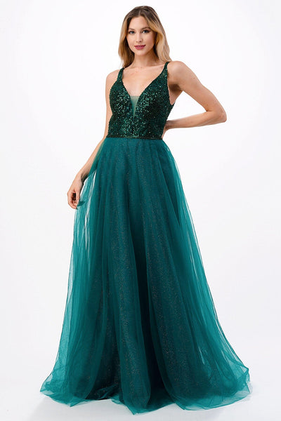 Sequin Bodice Deep V-Neck Tulle Gown by Coya L2684
