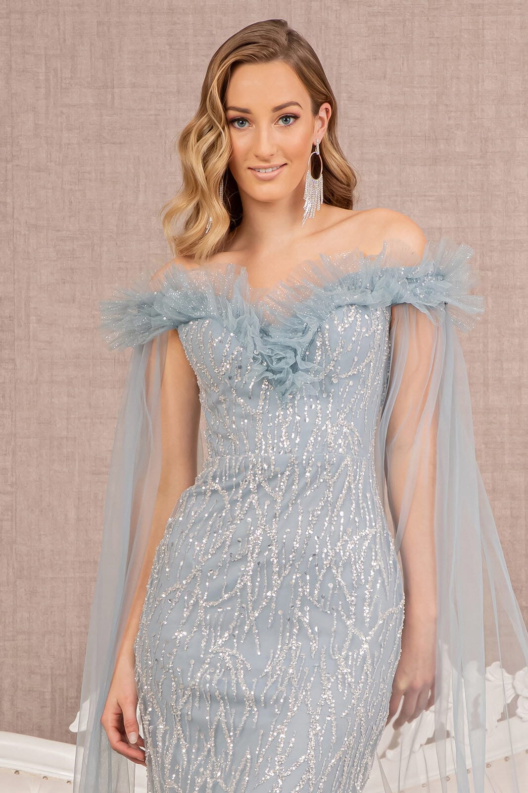 Sequin Cape Sleeve Mermaid Dress by GLS Gloria GL3120 L / Smoky Blue Sequin Cape Sleeve Mermaid Dress by GLS Gloria GL3120 L / Smoky Blue