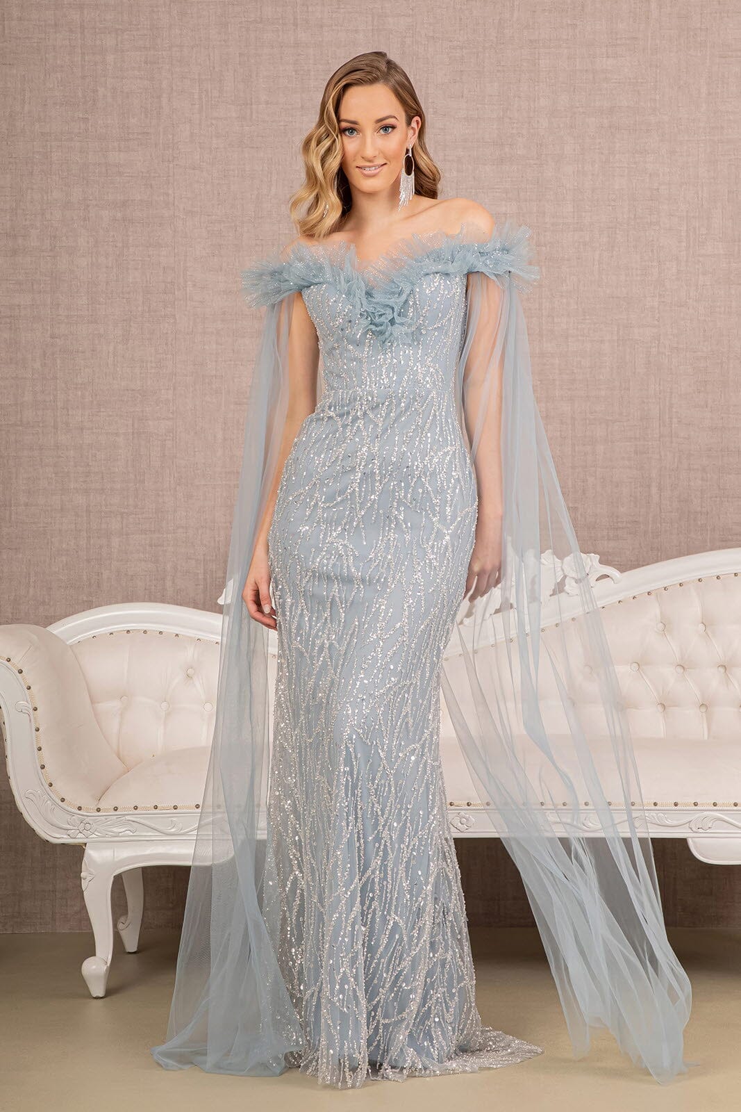 sequin cape dress Sequin Cape Sleeve Mermaid Dress by GLS Gloria GL3120 L / Smoky Blue