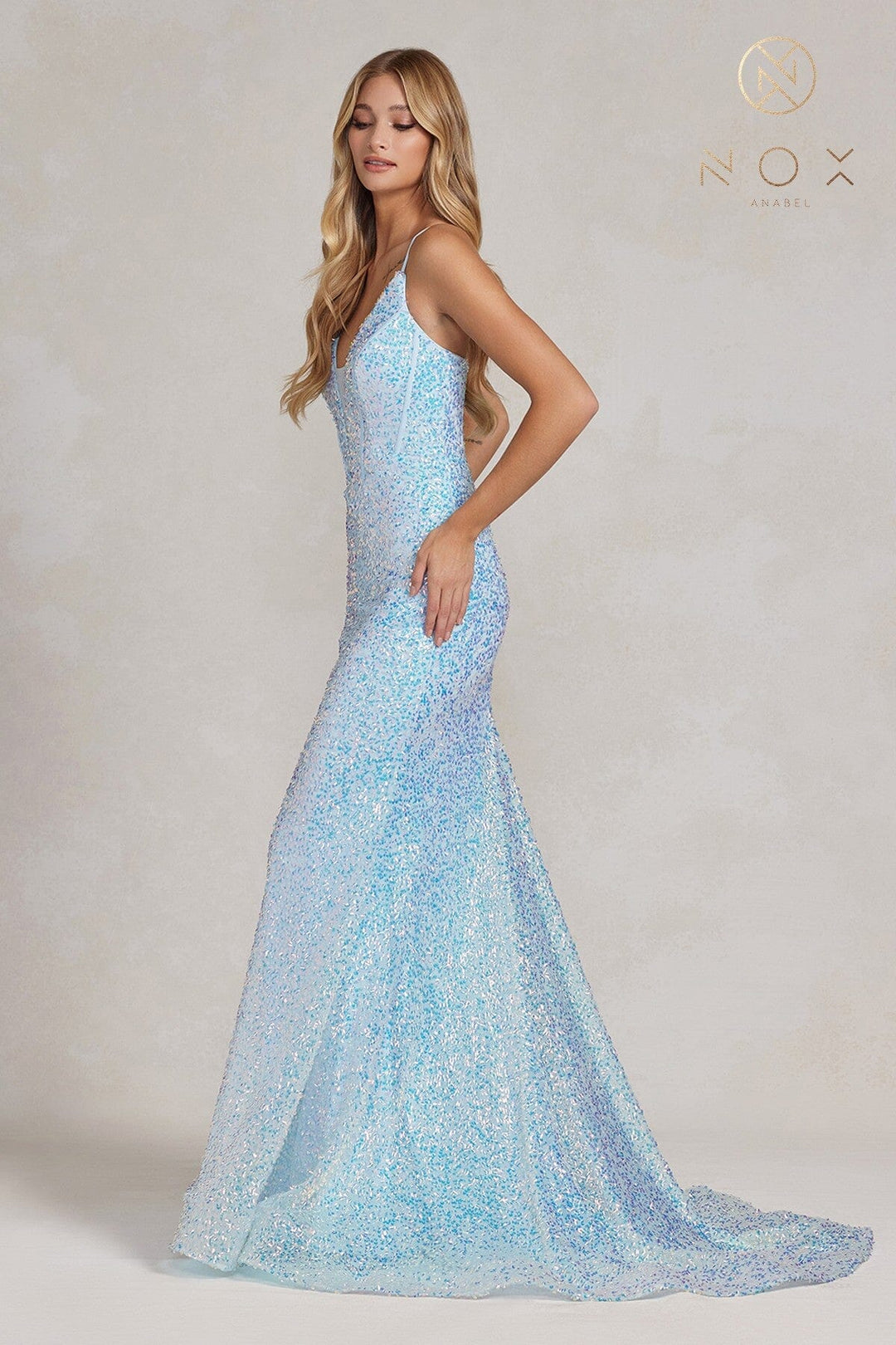 Sequin Deep V-Neck Mermaid Gown by Nox Anabel C1094