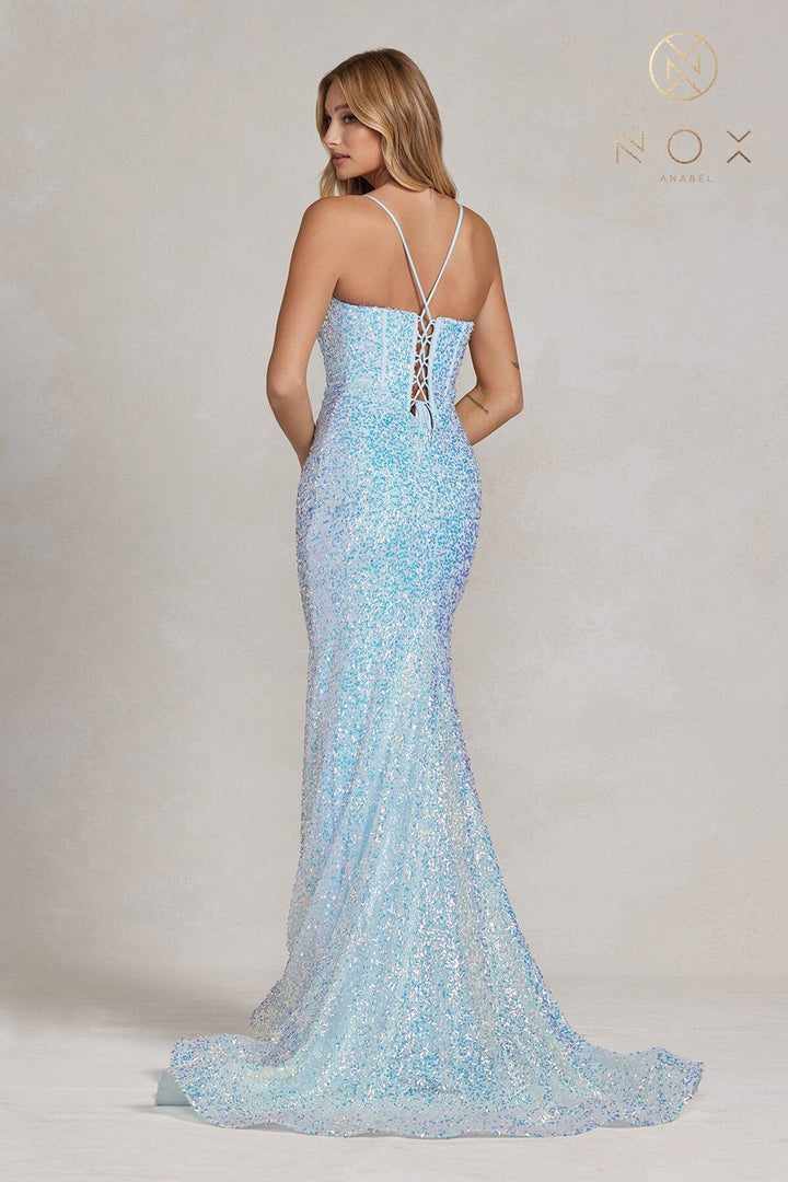 Sequin Deep V-Neck Mermaid Gown by Nox Anabel C1094