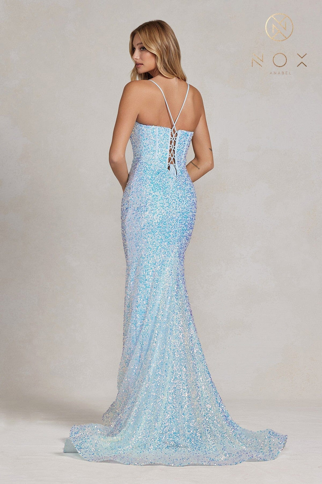 Sequin Deep V-Neck Mermaid Gown by Nox Anabel C1094