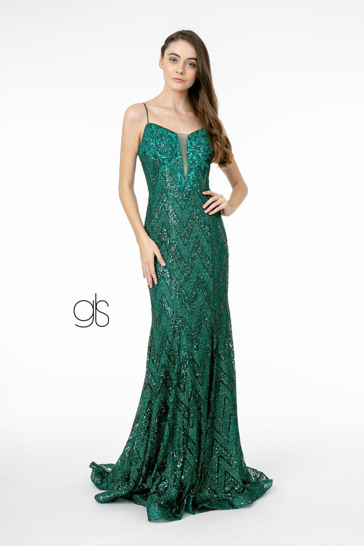 Sequin Deep V-Neck Trumpet Gown by Elizabeth K GL2950