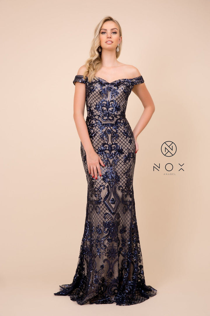 Sequin Embroidered Long Off Shoulder Dress by Nox Anabel T310