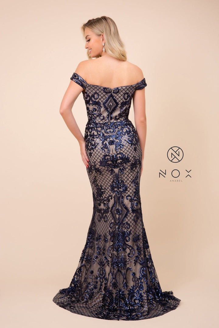 Sequin Embroidered Long Off Shoulder Dress by Nox Anabel T310