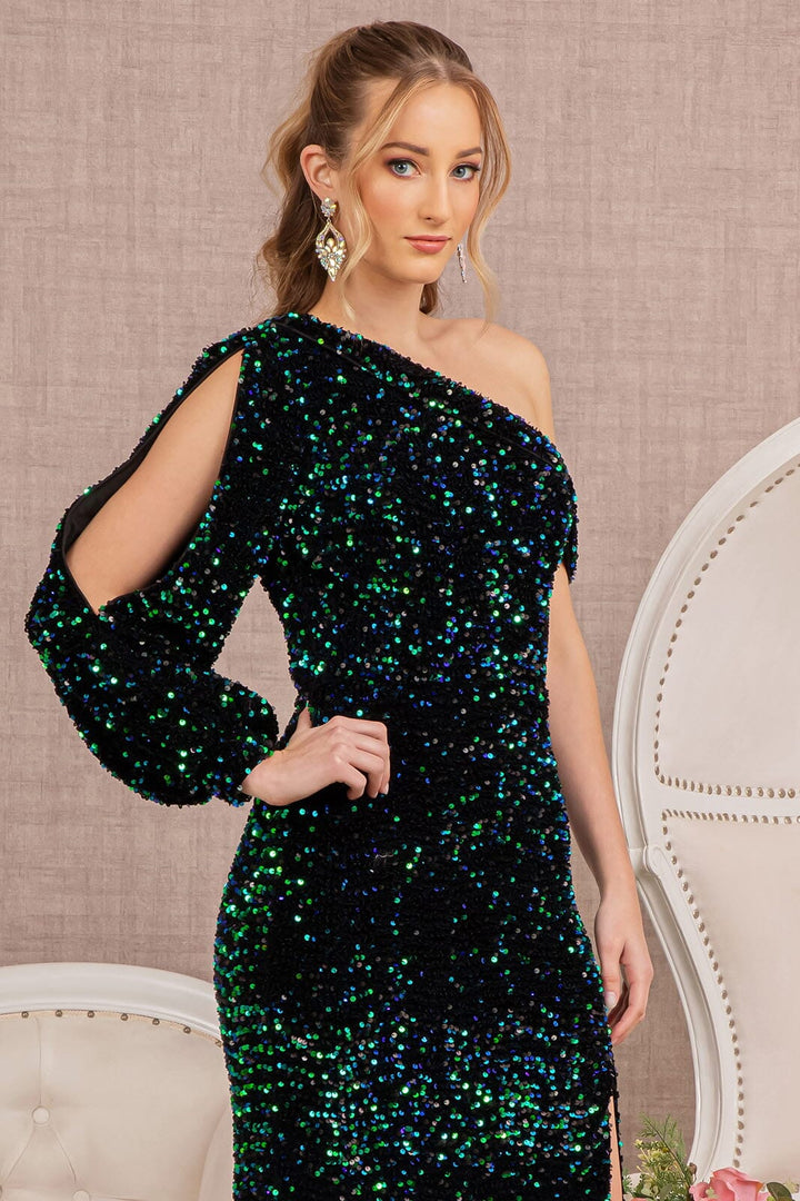 Sequin Fitted Long Sleeve Slit Gown by Elizabeth K GL3159