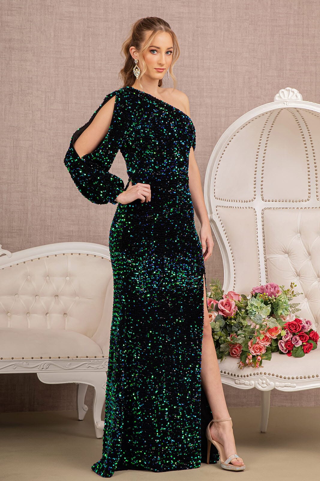 Sequin Fitted Long Sleeve Slit Gown by Elizabeth K GL3159 M / Green Sequin Fitted Long Sleeve Slit Gown by Elizabeth K GL3159 M / Green