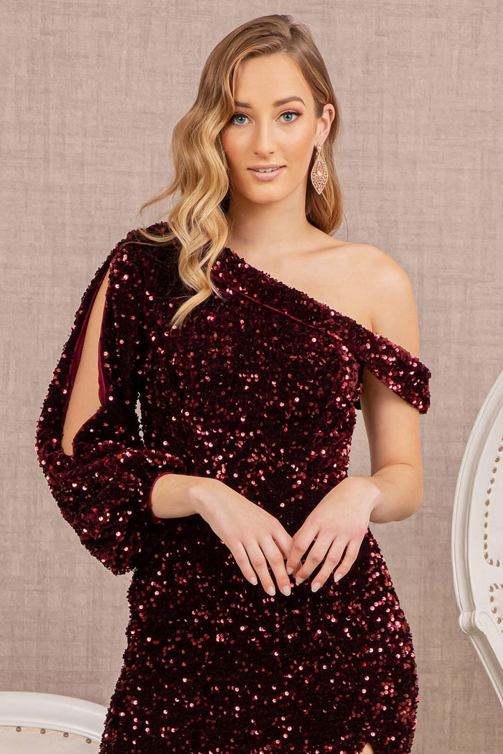 Sequin Fitted Long Sleeve Slit Gown by Elizabeth K GL3159
