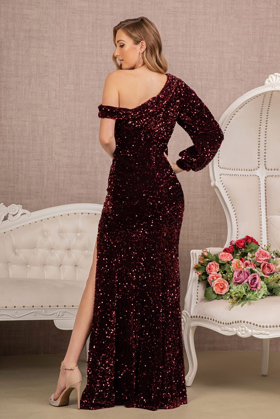 Sequin Fitted Long Sleeve Slit Gown by Elizabeth K GL3159 S / Purple Sequin Fitted Long Sleeve Slit Gown by Elizabeth K GL3159 S / Purple